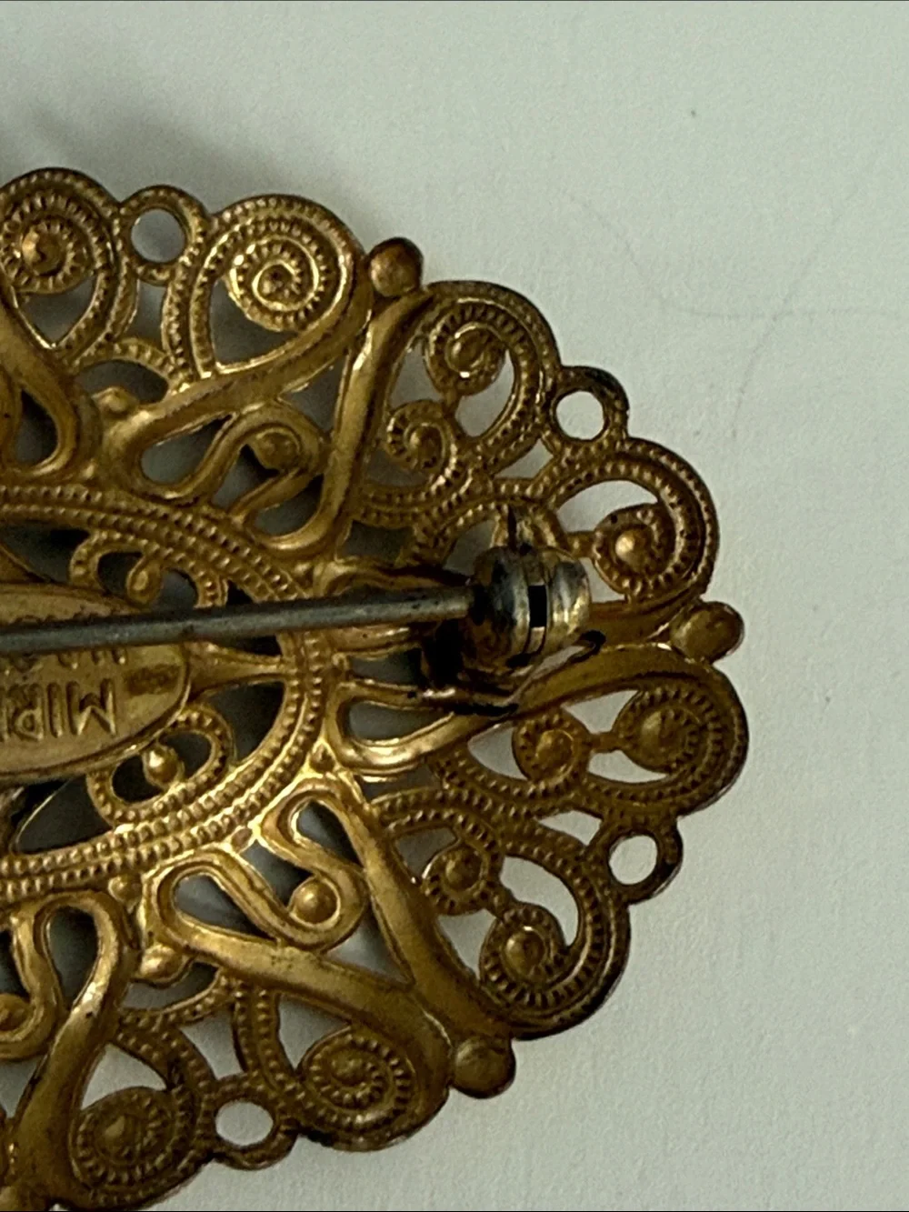 Vintage Miriam Haskell antique revival gold tone Filigree Oval Brooch pin